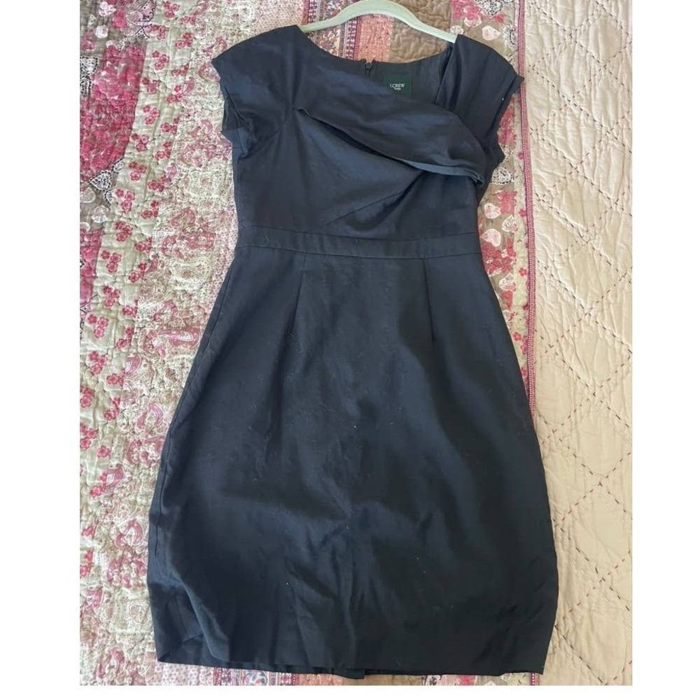 J.Crew Suiting Black 100% Wool Asymmetrical Draped Cap Sleeve Sheath Dress 2